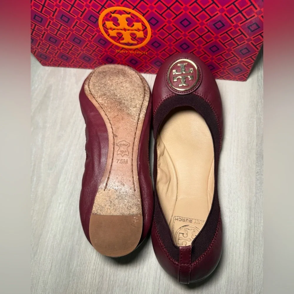 Tory Burch Burgundy Leather Ballet Flats Gold Logo Women Size 7.5 M